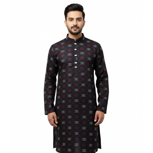 সূতি পাঞ্জাবী (কালো প্রিন্ট) - Image 2