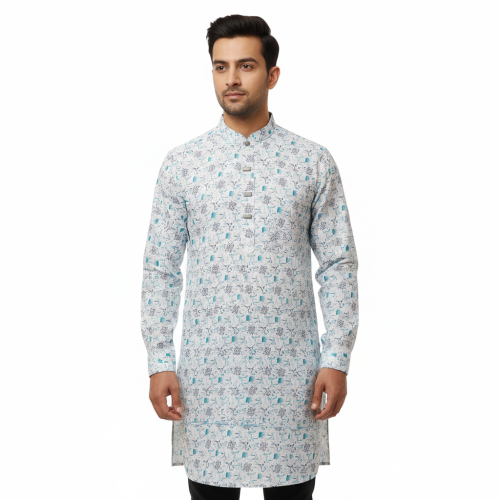 সূতি পাঞ্জাবী (সাদা প্রিন্ট) - Image 3